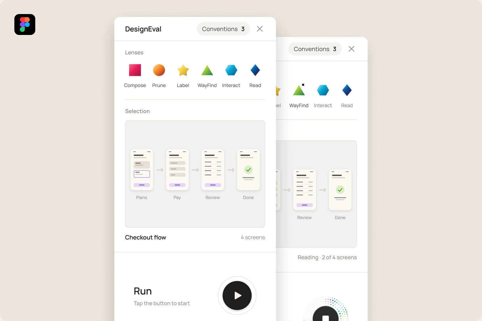 The DesignEval plugin panel in Figma, with the six lenses, a selected checkout flow and the Run control